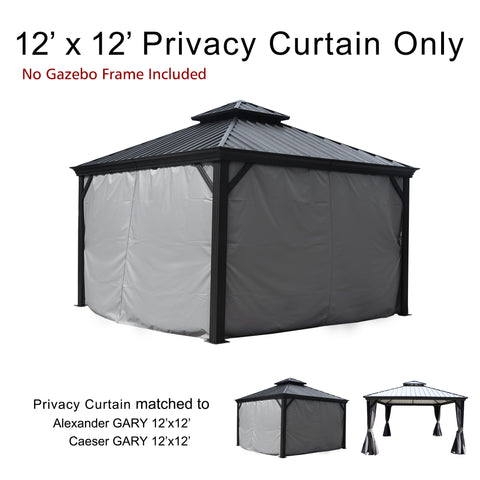 A set of gray privacy curtains designed for 12'x12' outdoor gazebos, specifically matching the Alexander GARY and Caeser GARY models. The text at the top indicates that only the privacy curtains are included, not the gazebo frame. The image shows the curtains installed on a gazebo with a dark - colored metal roof, and there are smaller images below to illustrate the curtain - gazebo match. Gray Privacy Curtains for 12'x12' Alexander and Caeser Gazebos (Frame Not Included). outdoor gazebo, 12x12 gazebo, gray