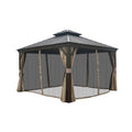 Elegant Octagonal Gazebo with Mesh Sides and Beige Curtains. Stylish Outdoor Gazebo with Metal Roof and Enclosed Screens. Charming Octagonal Outdoor Gazebo for Relaxation. Stylish Metal - Roofed Gazebo with Curtains and Screens. outdoor gazebo, octagonal gazebo, metal - roofed gazebo, mesh - screened gazebo, beige curtains, patio gazebo