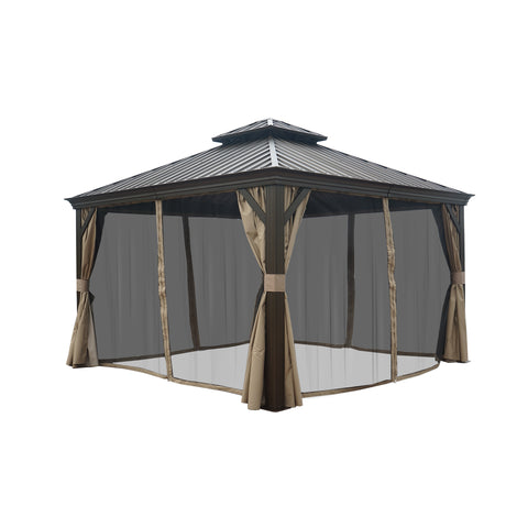Elegant Octagonal Gazebo with Mesh Sides and Beige Curtains. Stylish Outdoor Gazebo with Metal Roof and Enclosed Screens. Charming Octagonal Outdoor Gazebo for Relaxation. Stylish Metal - Roofed Gazebo with Curtains and Screens. outdoor gazebo, octagonal gazebo, metal - roofed gazebo, mesh - screened gazebo, beige curtains, patio gazebo