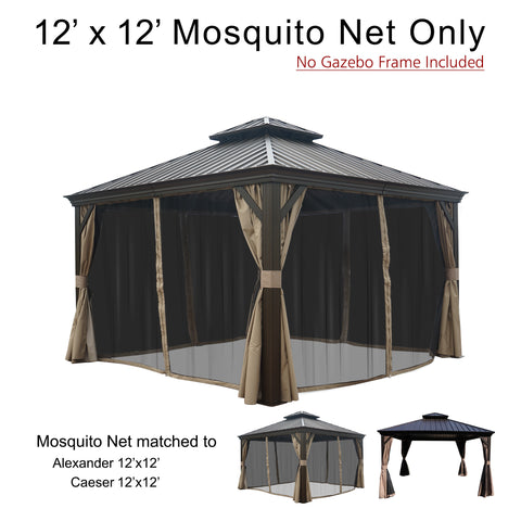12x12 Mosquito Net designed for Alexander and Caesar Gazebos, frame not included. Nylon mosquito netting for 12' x 12' Alexander and Caesar gazebos, separate from frame. 12x12 Mosquito Net for Alexander & Caesar Gazebos (Frame Not Included). Compatible Mosquito Netting for 12' x 12' Alexander and Caesar Gazebos. 12x12 mosquito net, Alexander gazebo net, Caesar gazebo net, outdoor mosquito net, nylon netting, gazebo accessory, no frame included.