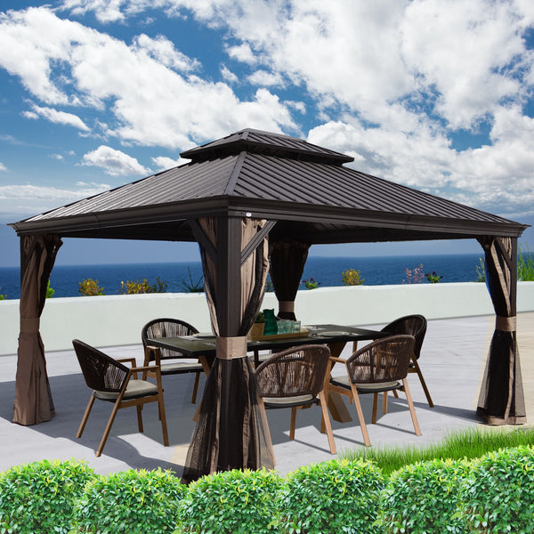 An outdoor hardtop gazebo with a dark - colored metal roof is set against a scenic backdrop of a blue sky, white clouds, and a distant ocean view. The gazebo features brown - toned curtains and shelters a patio set with a table and several wicker chairs.Scenic Outdoor Gazebo with Ocean View and Patio Seating. outdoor gazebo, hardtop gazebo, ocean view, patio furniture, wicker chairs, brown curtains
.