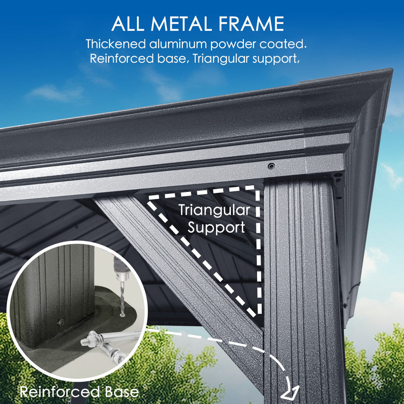 An image highlighting the structural features of an outdoor gazebo. The text "ALL METAL FRAME" at the top emphasizes the construction material. It mentions that the frame is made of thickened aluminum with powder coating. Visual cues point out the "Triangular Support" and "Reinforced Base" features, indicating the gazebo's sturdy design. Sturdy Outdoor Gazebo: All - Metal Frame Features. outdoor gazebo, all - metal frame, thickened aluminum, triangular support, reinforced base.