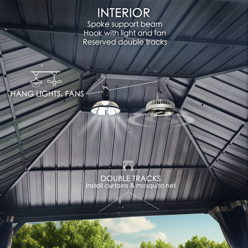 An interior view of an outdoor gazebo highlighting its functional features. The text "INTERIOR" at the top emphasizes the focus on the inside of the gazebo. It features spoke support beams, hooks for hanging lights and fans, and reserved double tracks for installing curtains and mosquito nets. Visuals of a hanging light and fan illustrate the hanging capabilities.Outdoor Gazebo Interior: Functional Features for Comfort. outdoor gazebo, interior features, spoke support beam, hanging lights, double tracks.