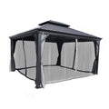 An outdoor hardtop gazebo with a dark - hued metal roof, surrounded by mosquito netting and grey - toned curtains that are tied back. The netting serves as a protective barrier against insects, making the gazebo a comfortable spot for outdoor relaxation.Outdoor Gazebo with Insect - Repellent Netting and Grey Curtains. outdoor gazebo, hardtop gazebo, mosquito netting, grey curtains, insect protection.