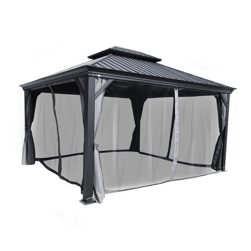 An outdoor hardtop gazebo with a dark - hued metal roof, surrounded by mosquito netting and grey - toned curtains that are tied back. The netting serves as a protective barrier against insects, making the gazebo a comfortable spot for outdoor relaxation.Outdoor Gazebo with Insect - Repellent Netting and Grey Curtains. outdoor gazebo, hardtop gazebo, mosquito netting, grey curtains, insect protection.