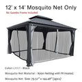 A set of 12' x 14' mosquito nets in gray and black colors, designed for an outdoor gazebo. The text at the top states that only the mosquito nets are included, not the gazebo frame. Made of fire - retardant (FR) treated nylon netting, each net measures 79.52 inches by 144.48 inches, and there are four nets in total. Gray and Black 12' x 14' Fire - Retardant Mosquito Nets for Gazebo (Frame Not Included). Gray and Black 12' x 14' Fire - Retardant Mosquito Nets for Gazebo (Frame Not Included)