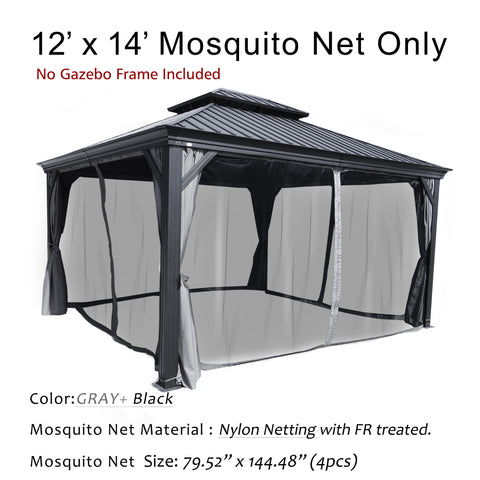 A set of 12' x 14' mosquito nets in gray and black colors, designed for an outdoor gazebo. The text at the top states that only the mosquito nets are included, not the gazebo frame. Made of fire - retardant (FR) treated nylon netting, each net measures 79.52 inches by 144.48 inches, and there are four nets in total. Gray and Black 12' x 14' Fire - Retardant Mosquito Nets for Gazebo (Frame Not Included). Gray and Black 12' x 14' Fire - Retardant Mosquito Nets for Gazebo (Frame Not Included)