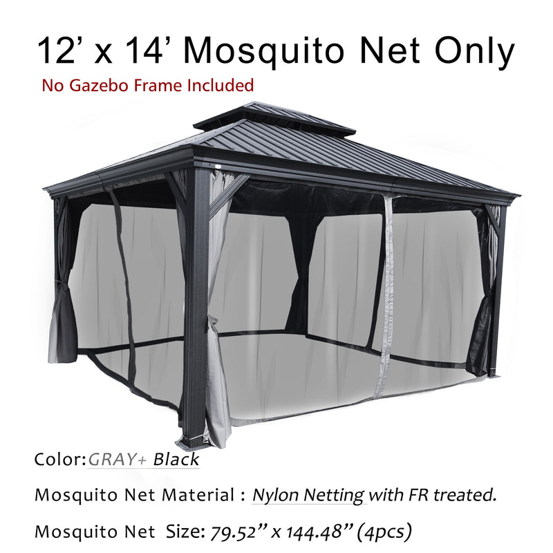A set of 12' x 14' mosquito nets in gray and black colors, designed for an outdoor gazebo. The text at the top states that only the mosquito nets are included, not the gazebo frame. Made of fire - retardant (FR) treated nylon netting, each net measures 79.52 inches by 144.48 inches, and there are four nets in total. Gray and Black 12' x 14' Fire - Retardant Mosquito Nets for Gazebo (Frame Not Included). Gray and Black 12' x 14' Fire - Retardant Mosquito Nets for Gazebo (Frame Not Included)
