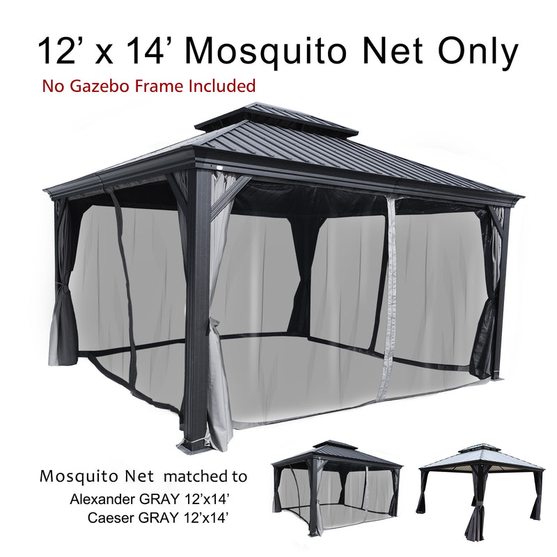 A set of 12' x 14' mosquito nets designed for outdoor gazebos, specifically compatible with the Alexander GRAY and Caeser GRAY 12'x14' models. The text at the top indicates that only the mosquito nets are included, not the gazebo frame. The nets are shown installed on a gazebo with a dark - colored metal roof, and smaller images below illustrate the fit on the relevant gazebo models. 12' x 14' Mosquito Nets for Alexander and Caeser Gray Gazebos (Frame Not Included)outdoor gazebo, 12x14 gazebo, mosquito net,