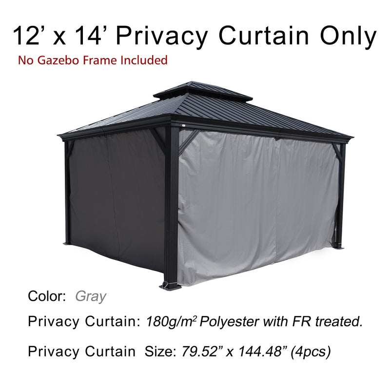 A 12' x 14' privacy curtain set for an outdoor gazebo, noted that the gazebo frame is not included. The curtains are gray in color, made of 180g/m² polyester with fire - retardant (FR) treatment. Each of the four curtain pieces measures 79.52" x 144.48". 12' x 14' Gray Fire - Retardant Privacy Curtains for Outdoor Gazebo. outdoor gazebo, 12x14 privacy curtain, gray curtain, 180g/m² polyester, fire - retardant treatment.