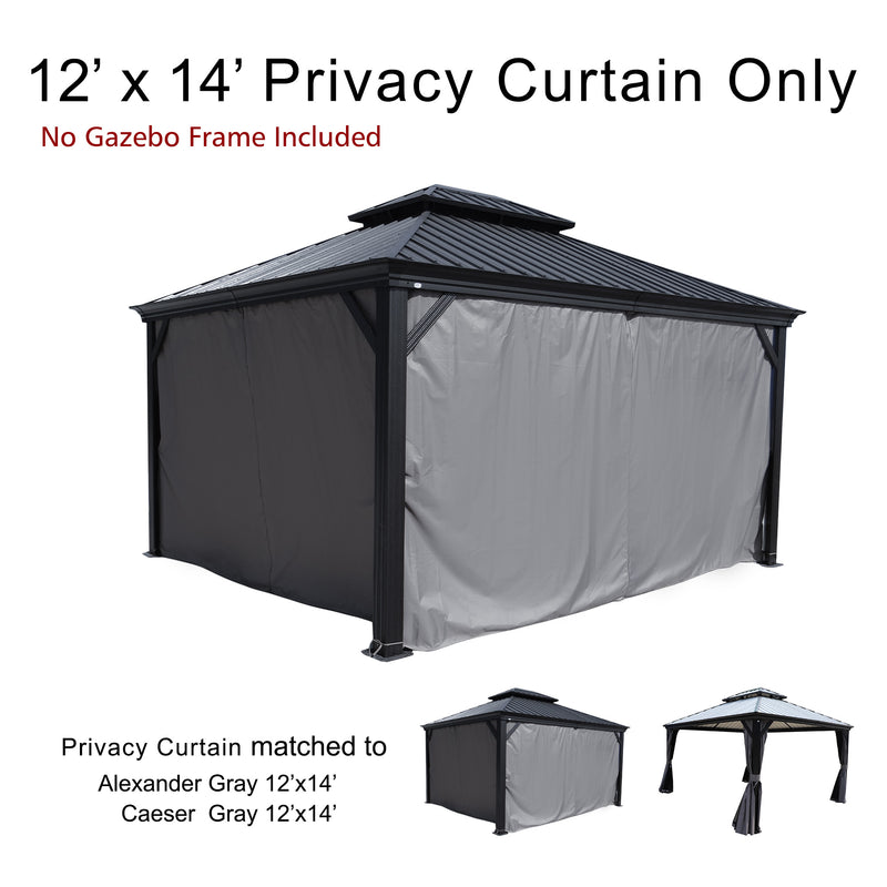 A 12' x 14' privacy curtain set for an outdoor gazebo, with the note that the gazebo frame is not included. The curtains are in shades of gray, suitable for Alexander Gray and Caeser Gray 12'x14' gazebos. The main image shows the curtains installed on a gazebo with a dark - colored metal roof, and there are smaller images below to illustrate the curtain - gazebo match. 12' x 14' Gray Privacy Curtains for Alexander and Caeser Gazebos (Frame Not Included). outdoor gazebo, 12x14 privacy curtain, gray curtains,