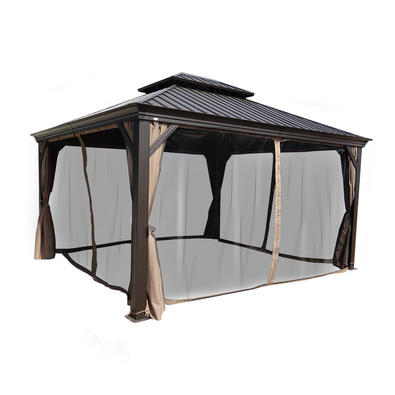 An outdoor hardtop gazebo with a dark - colored metal roof, surrounded by mesh netting and beige curtains that are tied back. The netting provides protection against insects, while the curtains add a touch of elegance. The gazebo is an ideal spot for outdoor relaxation and gatherings.Outdoor Gazebo with Insect - Proof Netting and Beige Curtains. outdoor gazebo, hardtop gazebo, insect - proof netting, beige curtains, outdoor relaxation.