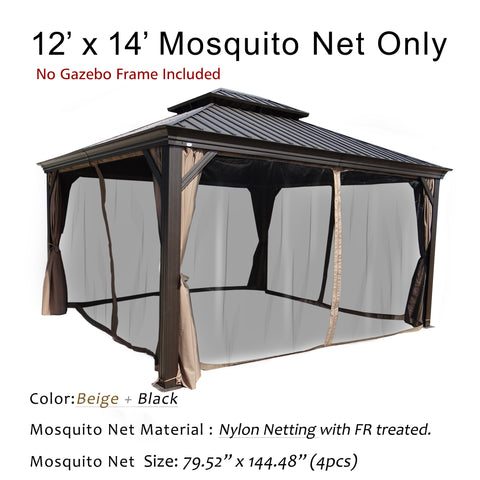 A set of 12' x 14' mosquito nets designed for an outdoor gazebo. The text at the top indicates that only the nets are included, and the gazebo frame is not part of the product. The nets are a combination of beige and black colors, made of nylon with fire - retardant (FR) treatment. Each net measures 79.52 inches by 144.48 inches, and there are four nets in the set.Beige and Black 12' x 14' Fire - Retardant Mosquito Nets for Gazebo (Frame Not Included)outdoor gazebo, 12x14 mosquito nets, beige and black nets