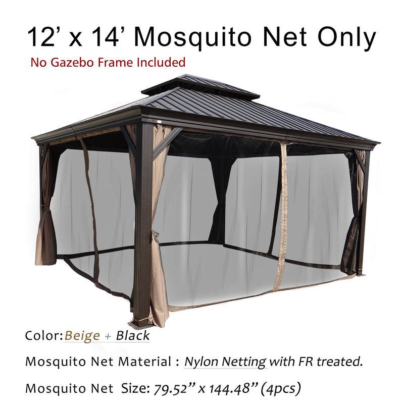 A set of 12' x 14' mosquito nets designed for an outdoor gazebo. The text at the top indicates that only the nets are included, and the gazebo frame is not part of the product. The nets are a combination of beige and black colors, made of nylon with fire - retardant (FR) treatment. Each net measures 79.52 inches by 144.48 inches, and there are four nets in the set.Beige and Black 12' x 14' Fire - Retardant Mosquito Nets for Gazebo (Frame Not Included)outdoor gazebo, 12x14 mosquito nets, beige and black nets