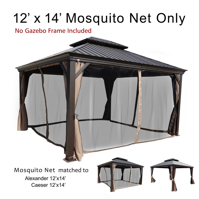 A 12' x 14' mosquito net set designed for outdoor gazebos, specifically matching the Alexander and Caeser 12'x14' models. The text at the top states that only the mosquito nets are included, not the gazebo frame. The netting is shown installed on a gazebo with a dark - colored metal roof, and there are smaller images below to illustrate the net - gazebo match. 12' x 14' Mosquito Nets for Alexander and Caeser Gazebos (Frame Not Included)outdoor gazebo, 12x14 gazebo, mosquito net, Alexander& Caeser gazebo,