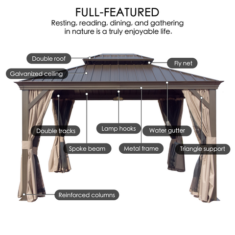 Kozyard Alexander 12' X 16' Hardtop Gazebo, Aluminum Metal Gazebo with Galvanized Steel Double Roof Canopy, Curtain and Netting Brown