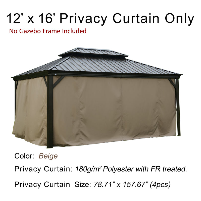 This image displays a 12’ x 16’ privacy curtain set for a gazebo, shown installed on a sample gazebo frame (frame not included as noted). The curtains are beige in color and made of 180g/m² polyester with fire - retardant (FR) treatment. The set includes 4 pieces, each measuring 78.71" x 157.67". The top text highlights "12’ x 16’ Privacy Curtain Only" and "No Gazebo Frame Included", emphasizing that only the curtains are for sale.12’ x 16’ Beige Privacy Curtains for Gazebo: FR- Treated Polyester, No Frame 