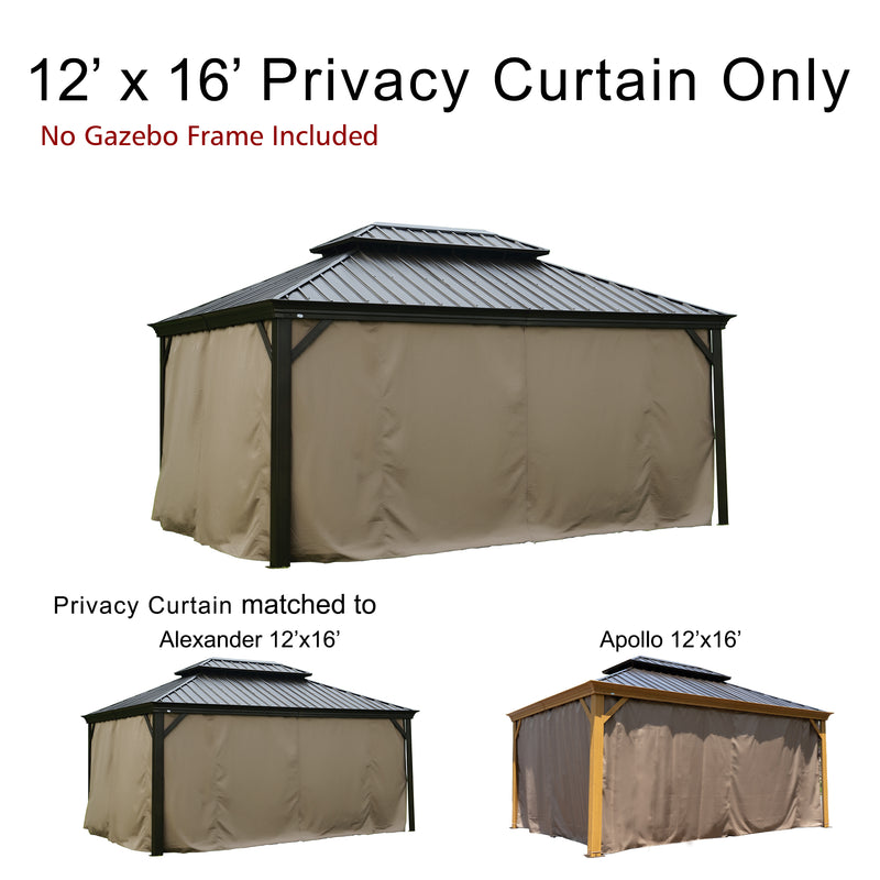 This promotional image advertises 12’x16’ privacy curtains for gazebos. The main text at the top reads "12’x16’ Privacy Curtain Only" with a note in red underneath stating "No Gazebo Frame Included". The central image shows a gazebo with the privacy curtains installed. Below, there are two smaller images of different gazebo models, labeled "Privacy Curtain matched to Alexander 12’x16’" and "Apollo 12’x16’", indicating the curtain compatibility with these gazebo styles.12’x16’ Privacy Curtains for Alexander 