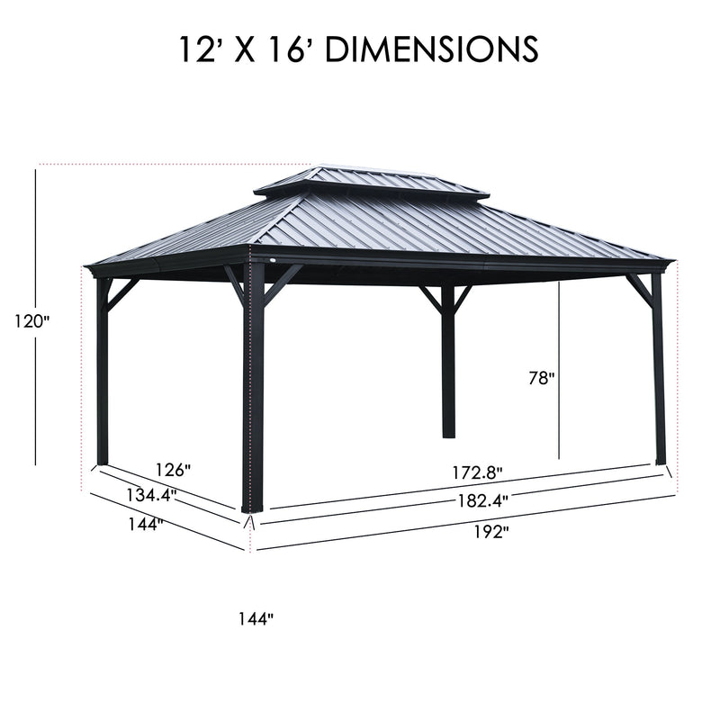 A technical illustration of a 12' x 16' outdoor gazebo with detailed dimensions. The gazebo features a double - tiered roof. The height from the ground to the top of the frame is 120 inches, and the height from the ground to the lower part of the roof structure is 78 inches. Various base dimensions are marked, indicating the footprint of the gazebo. The text at the top reads "12' X 16' DIMENSIONS".12' x 16' Outdoor Gazebo: Dimensioned Technical Sketch.