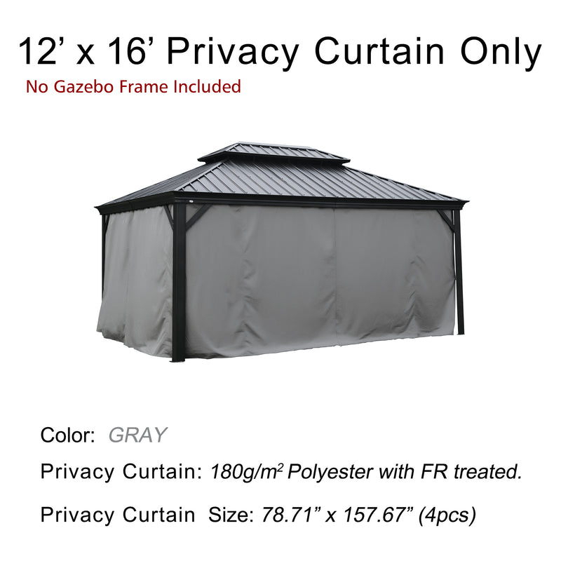 This image displays a 12’ x 16’ privacy curtain set for a gazebo, shown installed on a sample gazebo frame (frame not included as noted). The curtains are gray in color and made of 180g/m² polyester with fire - retardant (FR) treatment. The set includes 4 pieces, each measuring 78.71" x 157.67". The top text highlights "12’ x 16’ Privacy Curtain Only" and "No Gazebo Frame Included", emphasizing that only the curtains are for sale.12’ x 16’ Gray Privacy Curtains for Gazebo: FR- Treated Polyester, No Frame 