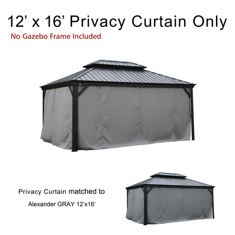 This image showcases 12’ x 16’ privacy curtains designed for a gazebo. The top text reads "12’ x 16’ Privacy Curtain Only" with a note in red beneath it stating "No Gazebo Frame Included". The main visual features a gazebo with the privacy curtains installed, in a gray color. Below, there is text indicating that the "Privacy Curtain matched to Alexander GRAY 12’x16’", suggesting these curtains are compatible with the specified gazebo model. 12’ x 16’ Gray Privacy Curtains for Alexander Gazebo:  No Frame
