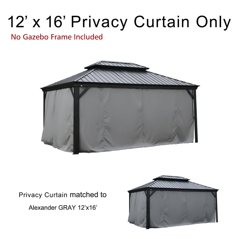 This image showcases 12’ x 16’ privacy curtains designed for a gazebo. The top text reads "12’ x 16’ Privacy Curtain Only" with a note in red beneath it stating "No Gazebo Frame Included". The main visual features a gazebo with the privacy curtains installed, in a gray color. Below, there is text indicating that the "Privacy Curtain matched to Alexander GRAY 12’x16’", suggesting these curtains are compatible with the specified gazebo model. 12’ x 16’ Gray Privacy Curtains for Alexander Gazebo:  No Frame