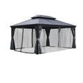 A 12' x 16' outdoor gazebo equipped with mosquito netting. The gazebo features a dark - colored metal roof and wooden - toned frame. The netting is secured with grey - colored curtains that are tied back, creating a bug - free outdoor space.Outdoor Gazebo: Stylish Mosquito - Proof Haven. outdoor gazebo, mosquito netting, dark metal roof, wooden frame, bug - free.