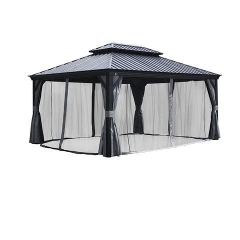 A 12' x 16' outdoor gazebo equipped with mosquito netting. The gazebo features a dark - colored metal roof and wooden - toned frame. The netting is secured with grey - colored curtains that are tied back, creating a bug - free outdoor space.Outdoor Gazebo: Stylish Mosquito - Proof Haven. outdoor gazebo, mosquito netting, dark metal roof, wooden frame, bug - free.