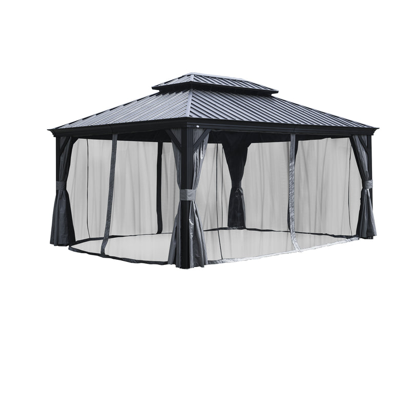 A 12' x 16' outdoor gazebo equipped with mosquito netting. The gazebo features a dark - colored metal roof and wooden - toned frame. The netting is secured with grey - colored curtains that are tied back, creating a bug - free outdoor space.Outdoor Gazebo: Stylish Mosquito - Proof Haven. outdoor gazebo, mosquito netting, dark metal roof, wooden frame, bug - free.