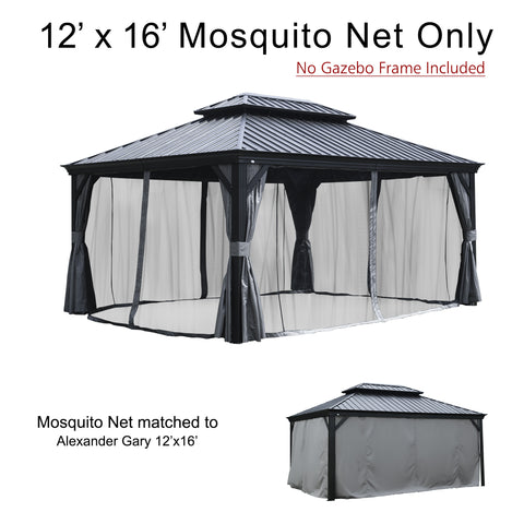 A 12' x 16' mosquito net designed for an outdoor gazebo is shown, with the note that the gazebo frame is not included. The netting is attached to a sample gazebo structure with tied - back curtains. It is specified that the mosquito net is compatible with the Alexander Gary 12'x16' gazebo model, with a small image of the corresponding gazebo displayed.12' x 16' Mosquito Net for Alexander Gary Gazebo: Frame - Free Option. 12x16 mosquito net, outdoor gazebo, Alexander Gary gazebo, mosquito protection, netting