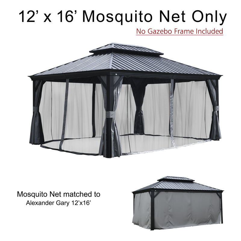 A 12' x 16' mosquito net designed for an outdoor gazebo is shown, with the note that the gazebo frame is not included. The netting is attached to a sample gazebo structure with tied - back curtains. It is specified that the mosquito net is compatible with the Alexander Gary 12'x16' gazebo model, with a small image of the corresponding gazebo displayed.12' x 16' Mosquito Net for Alexander Gary Gazebo: Frame - Free Option. 12x16 mosquito net, outdoor gazebo, Alexander Gary gazebo, mosquito protection, netting