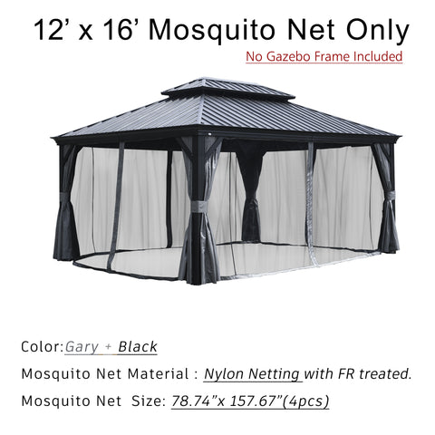 A 12' x 16' mosquito net for an outdoor gazebo is displayed. The net comes in a color combination of gray and black. It is made of nylon netting with fire - retardant (FR) treatment. Each of the four net panels measures 78.74" x 157.67". The text also notes that the gazebo frame is not included.12' x 16' Fire - Retardant Nylon Mosquito Net for Outdoor Gazebo. outdoor gazebo, 12x16 mosquito net, gray and black, nylon netting, fire - retardant treatment.
