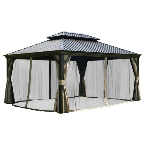 An outdoor gazebo with a dark - hued metal roof is equipped with a comprehensive mosquito netting system. Beige - colored curtains are tied back around the netting, creating an inviting and insect - free outdoor space.Outdoor Gazebo: All - Around Mosquito Netting for Comfort. outdoor gazebo, mosquito netting, beige curtains, insect protection, outdoor comfort.
