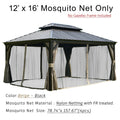 A 12' x 16' mosquito net designed for an outdoor gazebo, displayed on a sample gazebo structure (frame not included). The netting is in beige and black colors. The text indicates that the mosquito net is made of nylon with fire - retardant (FR) treatment, and each of the four net panels measures 78.74" x 157.67". 12' x 16' Fire - Retardant Nylon Mosquito Net for Outdoor Gazebo. outdoor gazebo, 12x16 mosquito net, beige and black net, nylon netting, fire - retardant treatment