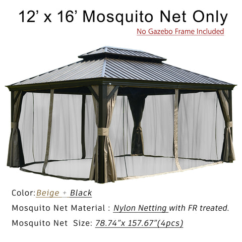 A 12' x 16' mosquito net designed for an outdoor gazebo, displayed on a sample gazebo structure (frame not included). The netting is in beige and black colors. The text indicates that the mosquito net is made of nylon with fire - retardant (FR) treatment, and each of the four net panels measures 78.74" x 157.67". 12' x 16' Fire - Retardant Nylon Mosquito Net for Outdoor Gazebo. outdoor gazebo, 12x16 mosquito net, beige and black net, nylon netting, fire - retardant treatment