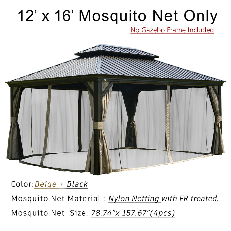A 12' x 16' mosquito net designed for an outdoor gazebo, displayed on a sample gazebo structure (frame not included). The netting is in beige and black colors. The text indicates that the mosquito net is made of nylon with fire - retardant (FR) treatment, and each of the four net panels measures 78.74" x 157.67". 12' x 16' Fire - Retardant Nylon Mosquito Net for Outdoor Gazebo. outdoor gazebo, 12x16 mosquito net, beige and black net, nylon netting, fire - retardant treatment