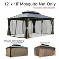 A 12' x 16' mosquito net for outdoor gazebos is shown, with the text "No Gazebo Frame Included." The netting is attached to a sample gazebo frame with tied - back curtains. Below the main image, it's noted that the mosquito net is compatible with Alexander 12'x16' and Apollo 12'x16' gazebo models, with small images of these gazebos displayed. 12' x 16' Mosquito Net for Outdoor Gazebos: Model - Specific Compatibility. outdoor gazebo, 12x16 mosquito net, Alexander gazebo, Apollo gazebo, mosquito protection.