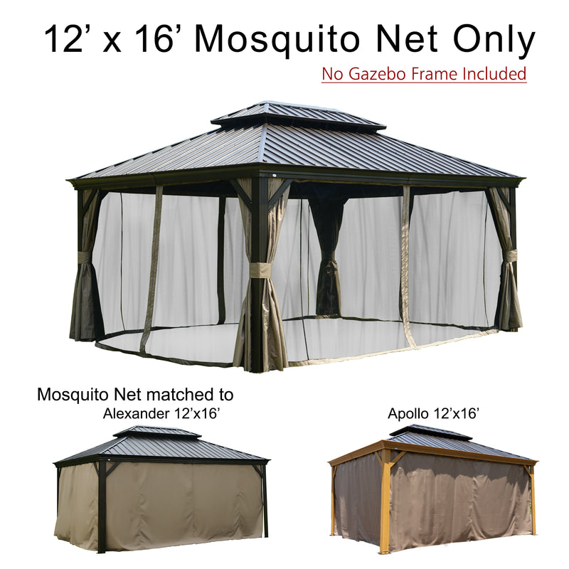 A 12' x 16' mosquito net for outdoor gazebos is shown, with the text "No Gazebo Frame Included." The netting is attached to a sample gazebo frame with tied - back curtains. Below the main image, it's noted that the mosquito net is compatible with Alexander 12'x16' and Apollo 12'x16' gazebo models, with small images of these gazebos displayed. 12' x 16' Mosquito Net for Outdoor Gazebos: Model - Specific Compatibility. outdoor gazebo, 12x16 mosquito net, Alexander gazebo, Apollo gazebo, mosquito protection.