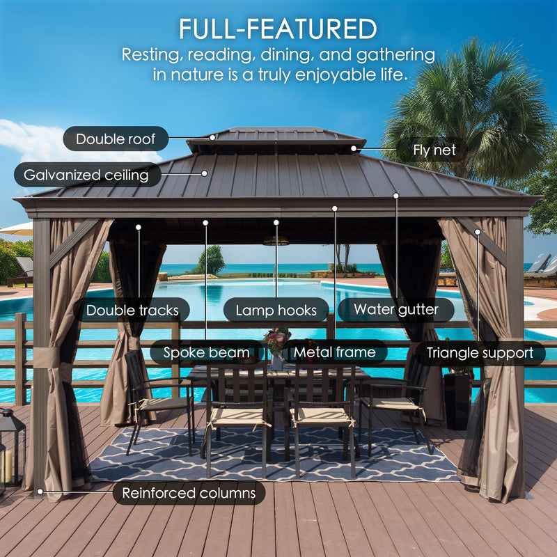 A well - equipped outdoor gazebo by a pool, featuring a double roof, galvanized ceiling, fly net, double tracks, lamp hooks, water gutter, spoke beam, metal frame, triangle support, and reinforced columns. The scene suggests a comfortable spot for resting, reading, dining, and gathering in nature. Full - Featured Outdoor Gazebo by the Pool: A Haven for Relaxation. outdoor gazebo, double roof gazebo, poolside gazebo, full - featured gazebo, relaxation spot.