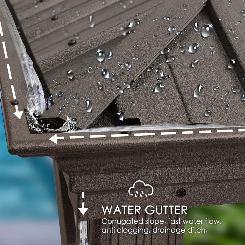 An image focusing on the water gutter system of an outdoor gazebo. The gutter is shown with water droplets on the roof, indicating its function during rainfall. The text "WATER GUTTER" is prominently displayed, with descriptions highlighting the corrugated slope for fast water flow, anti - clogging features, and a drainage ditch. Efficient Water Gutter System for Outdoor Gazebo. outdoor gazebo, water gutter, corrugated slope, anti - clogging, drainage.