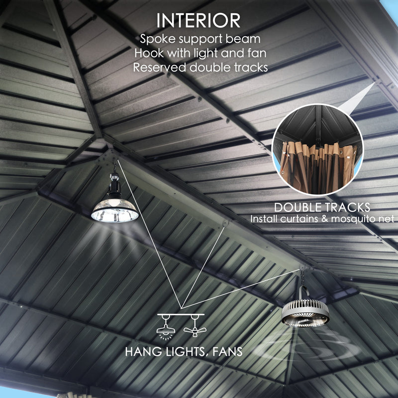 An interior view of an outdoor gazebo showcasing its functional features. The gazebo has spoke support beams, hooks for lights and fans, and reserved double tracks. The double tracks are highlighted as suitable for installing curtains and mosquito nets. The image also shows hanging lights and a fan, emphasizing the usability of the space for adding lighting and ventilation fixtures. Functional Interior of Outdoor Gazebo: Hooks, Tracks & Support Beams. outdoor gazebo, interior features, spoke support beam.
