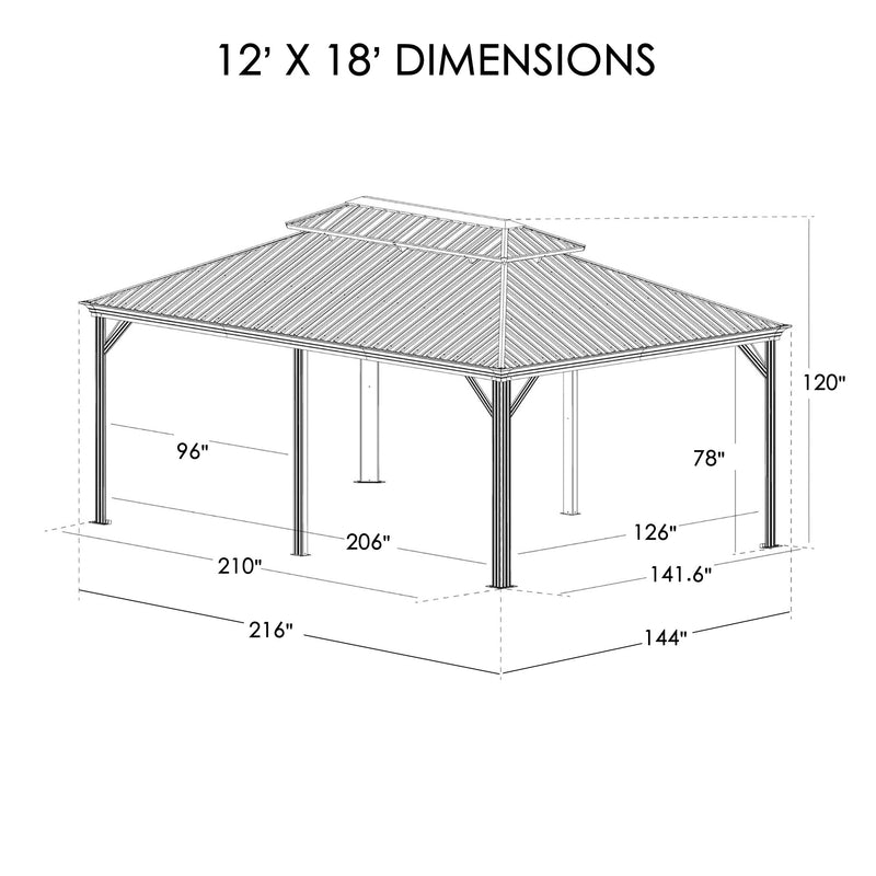 A technical drawing of a 12' x 18' outdoor gazebo, clearly labeled with dimensions. The gazebo features a double - tiered roof design. The height from the base to the top of the frame is 120 inches, and the height from the base to the underside of the roof is 78 inches. Multiple base - level measurements are provided, indicating the footprint of the structure. The title "12' X 18' DIMENSIONS" is prominently displayed at the top. 12' x 18' Outdoor Gazebo: Dimensioned Blueprint. 