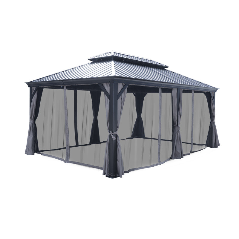 A 12' x 16' outdoor gazebo equipped with mosquito netting. The gazebo features a dark - colored metal roof and wooden - toned frame. The netting is secured with grey - colored curtains that are tied back, creating a bug - free outdoor space.Outdoor Gazebo: Stylish Mosquito - Proof Haven. outdoor gazebo, mosquito netting, dark metal roof, wooden frame, bug - free.
