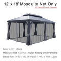 A 12' x 18' mosquito net designed for an outdoor gazebo, with the note that the gazebo frame is not included. The netting is in a color combination of gray (misspelled as "GARY") and black. It is made of nylon netting with fire - retardant (FR) treatment. The sidewall dimensions are provided: 79.52" x 132.28" for 4 pieces and 79.52" x 70.86" for 2 pieces.12' x 18' Fire- Retardant Nylon Mosquito Net for Outdoor Gazebo. outdoor gazebo, 12x18 mosquito net, gray and black netting, nylon netting, fire retardant.