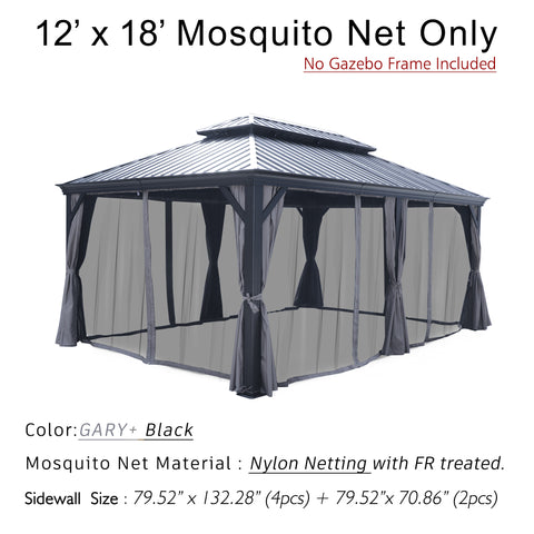 A 12' x 18' mosquito net designed for an outdoor gazebo, with the note that the gazebo frame is not included. The netting is in a color combination of gray (misspelled as "GARY") and black. It is made of nylon netting with fire - retardant (FR) treatment. The sidewall dimensions are provided: 79.52" x 132.28" for 4 pieces and 79.52" x 70.86" for 2 pieces.12' x 18' Fire- Retardant Nylon Mosquito Net for Outdoor Gazebo. outdoor gazebo, 12x18 mosquito net, gray and black netting, nylon netting, fire retardant.