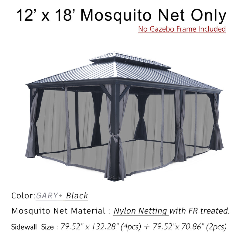 A 12' x 18' mosquito net designed for an outdoor gazebo, with the note that the gazebo frame is not included. The netting is in a color combination of gray (misspelled as "GARY") and black. It is made of nylon netting with fire - retardant (FR) treatment. The sidewall dimensions are provided: 79.52" x 132.28" for 4 pieces and 79.52" x 70.86" for 2 pieces.12' x 18' Fire- Retardant Nylon Mosquito Net for Outdoor Gazebo. outdoor gazebo, 12x18 mosquito net, gray and black netting, nylon netting, fire retardant.