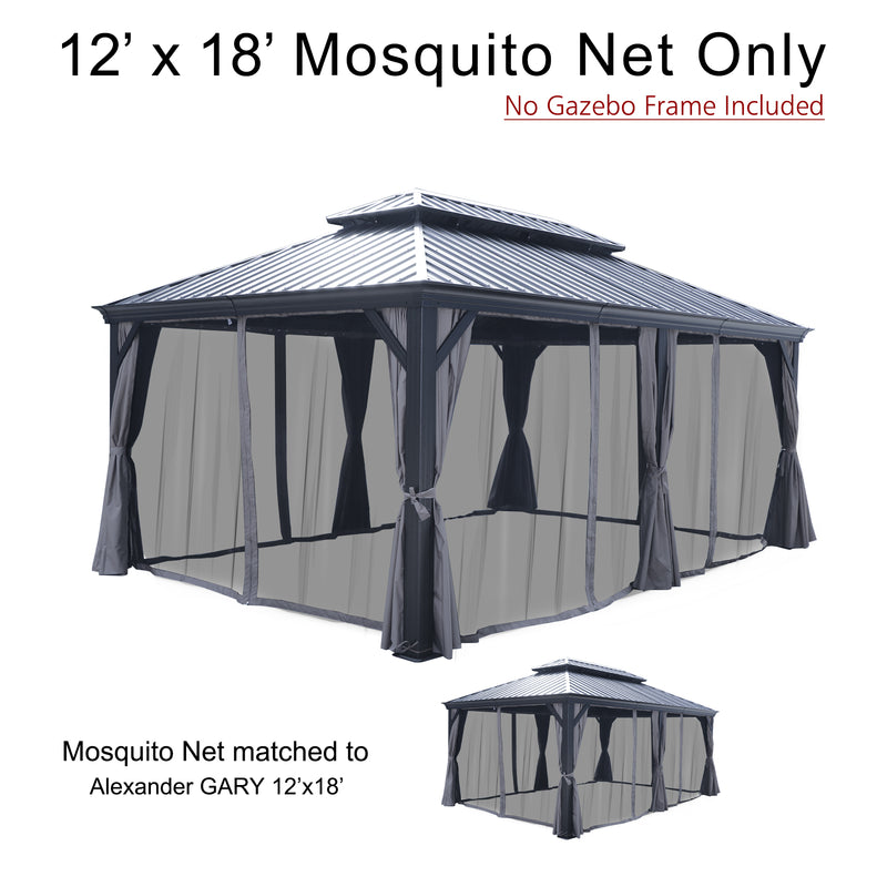A 12' x 18' mosquito net designed for an outdoor gazebo, with the indication that the gazebo frame is not included. The netting is in shades of gray and black, and it is specifically matched to the Alexander GARY 12'x18' gazebo model. 12' x 18' Mosquito Net for Alexander GARY Gazebo: Frame - Not - Included Option. outdoor gazebo, 12x18 mosquito net, Alexander GARY gazebo, mosquito protection, netting for gazebo
