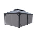 This image depicts a gazebo enclosed by gray-colored privacy curtains. The gazebo features a dark-hued, multi-tiered metal roof. The curtains fully cover the sides of the gazebo, providing a private and enclosed space. The structure is supported by dark metal posts, enhancing its sturdiness. Gray Privacy Curtains for a Sturdy Metal-Roofed Gazebo. gazebo, gray privacy curtains, metal-roofed gazebo, enclosed gazebo, privacy curtains