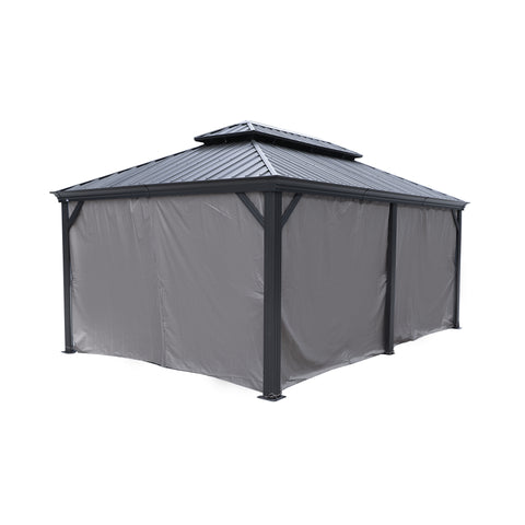 This image depicts a gazebo enclosed by gray-colored privacy curtains. The gazebo features a dark-hued, multi-tiered metal roof. The curtains fully cover the sides of the gazebo, providing a private and enclosed space. The structure is supported by dark metal posts, enhancing its sturdiness. Gray Privacy Curtains for a Sturdy Metal-Roofed Gazebo. gazebo, gray privacy curtains, metal-roofed gazebo, enclosed gazebo, privacy curtains