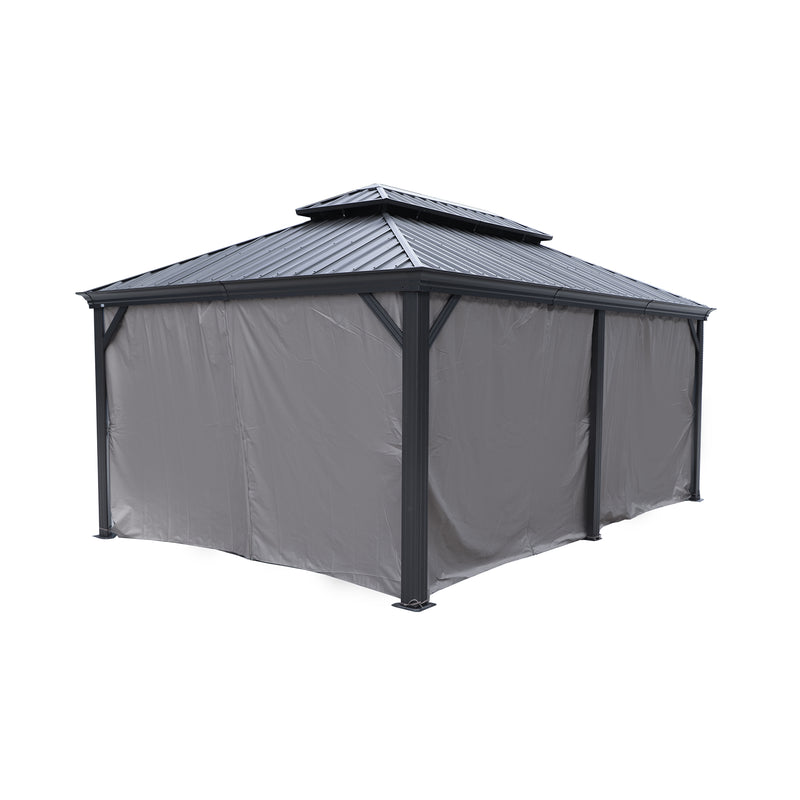 This image depicts a gazebo enclosed by gray-colored privacy curtains. The gazebo features a dark-hued, multi-tiered metal roof. The curtains fully cover the sides of the gazebo, providing a private and enclosed space. The structure is supported by dark metal posts, enhancing its sturdiness. Gray Privacy Curtains for a Sturdy Metal-Roofed Gazebo. gazebo, gray privacy curtains, metal-roofed gazebo, enclosed gazebo, privacy curtains